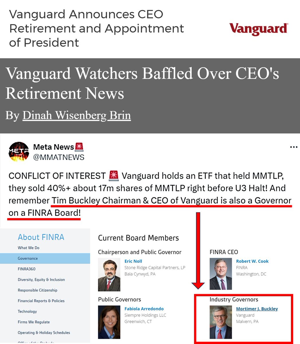 JunkSavvy's tweet photo. 💥ANATOMY OF A FRAUD CONSPIRACY:💥
◾️ @FINRA CONSPIRED w/ MARKET PARTICIPANTS to defraud $MMTLP/#NBH investors with VIOLATIONS of RULE 6490 in the writing of CORPORATE ACTIONS & ISSUANCE OF U3 HALT [9 Dec 2022]. ASSETS FROZEN & NO RESOLUTION FOR 460  DAYS & COUNTING!!! 
◾️ Then Chairman & CEO of Vanguard, Mortimer "Tim" Buckley served on the FINRA Board of Governors...  Still Does.
◾️ @Vanguard_Group @Vanguard_FA held a 35M Share position in $MMTLP, but SOLD approx. 17M shares PRIOR to U3 HALT.  #DidTimKnow
◾️ BUCKLEY unexpectedly ANNOUNCES RETIREMENT as Chairman & CEO of Vanguard on 29 Feb 2024.
CONGRESS, TIM BUCKLEY IS A PRIME TARGET FOR A SUBPOENA IN THE #MMTLPFiasco!!!
@GOPOversight @RepJamesComer @FinancialCmte @PatrickMcHenry @SenateBanking @RepRalphNorman @PeteSessions 
#WhatIsTheShareCount #counterfeitsharescandal 
WATCH: https://t.co/1R4ANitOTj