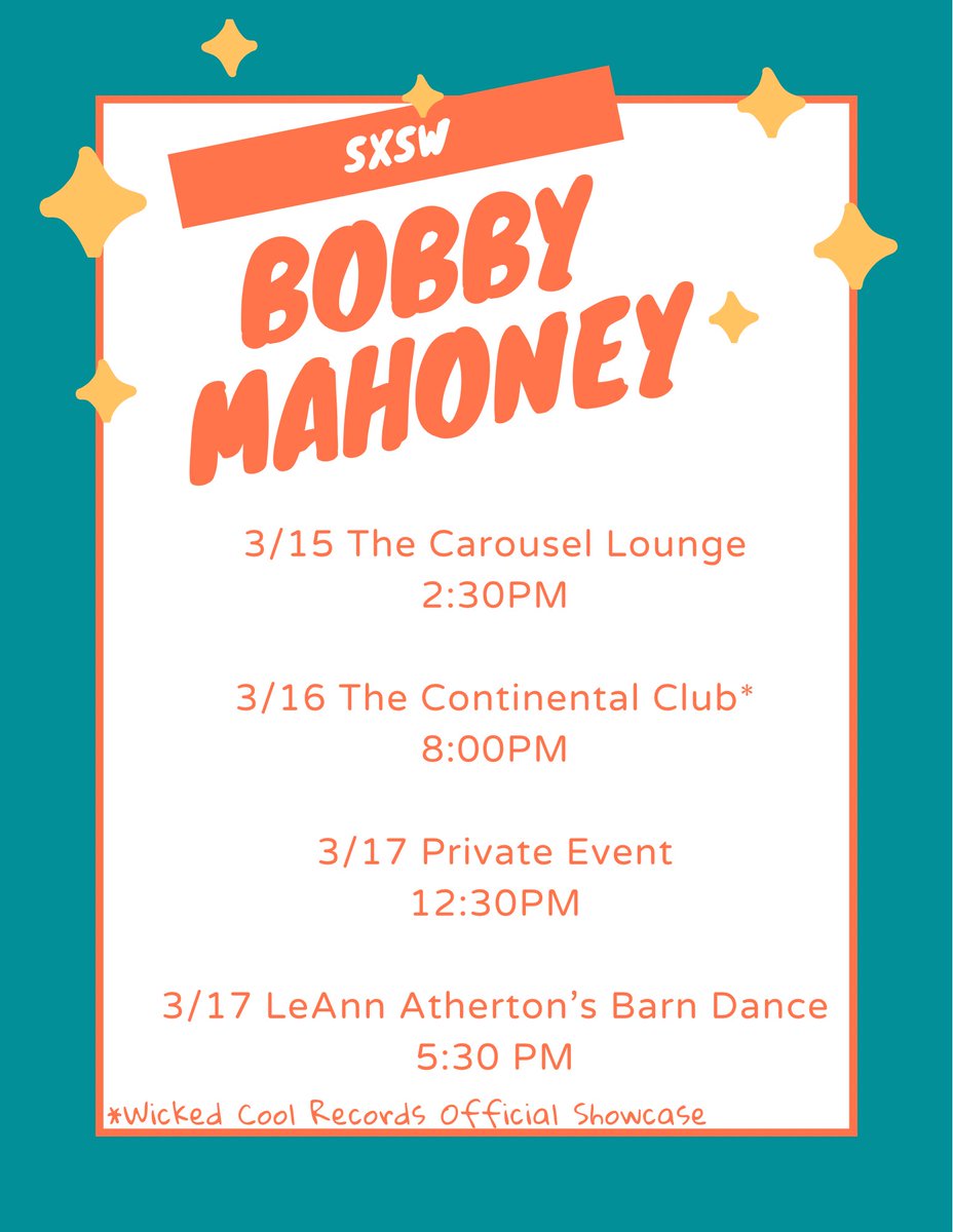 BobbyMahoney's tweet photo. If energetic, catchy, punk-infused rock n roll is your thing, here is where to find us during SXSW! (FFO: The Gaslight Anthem, Frank Turner, The Menzingers, The Dirty Nil)
.
.
#Austin #SXSW #BobbyMahoney #WickedCoolRecords #CarouselLounge #continentalclub https://t.co/PMmdVwpIQO