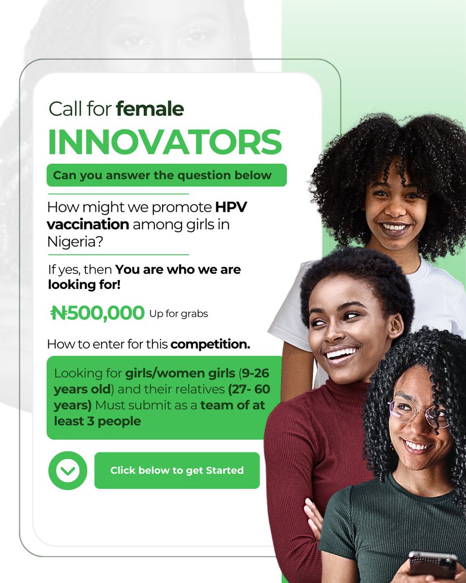GKLFcervical's tweet photo. 🚀 Join the fight against cervical cancer in Nigeria! 🇳🇬 Calling all girls, women, and allies to submit innovative ideas to promote HPV vaccination among girls aged 9-14. Let's combat misinformation and save lives. Deadline: March 17th, 2024. Click https://t.co/CsZXqktyCt https://t.co/QDv9X2NXuR