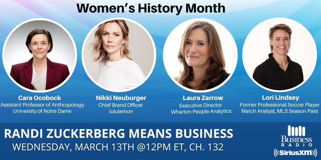 Today at 12pm ET - @RandiZuckerberg celebrates #WomensHistoryMonth with more Remarkable Women! 💪@CaraOcobock on 'Woman the Hunter' 🏃‍♀️@lululemon on their #FURTHER Initiative 👩‍💻@LauraZarrow on Women in the Workplace ⚽️@LoriLindsey6 on Equitable Access to Sports 🔊#SiriusXM132🔊