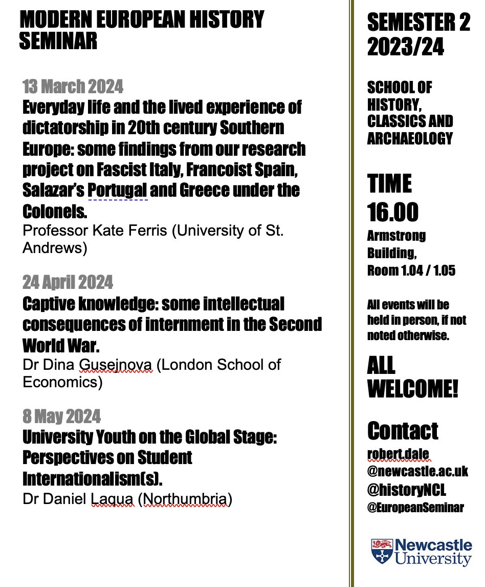 Today our term 2 seminar series @historyNCL with three wonderful speakers begins: Kate Ferris (@StAndrewsHist) will speak at 4pm in ARM 1.04. In April, we'll have Dina Gusejnova (@LSEnews), and Daniel Laqua (@ActivismHistory) will speak in May. Details attached. All welcome!