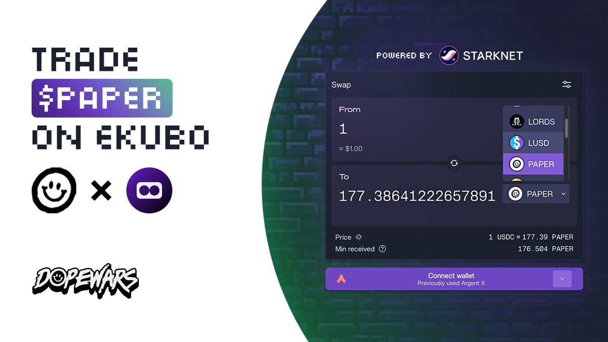 dopeworldgg's tweet image. 📣 Attention Hustlers! $PAPER is now easily accessible on @EkuboProtocol 🙌

Expect cheaper fees thanks to #EIP4844 + @Starknet
🟣 Stack $PAPER: app.ekubo.org