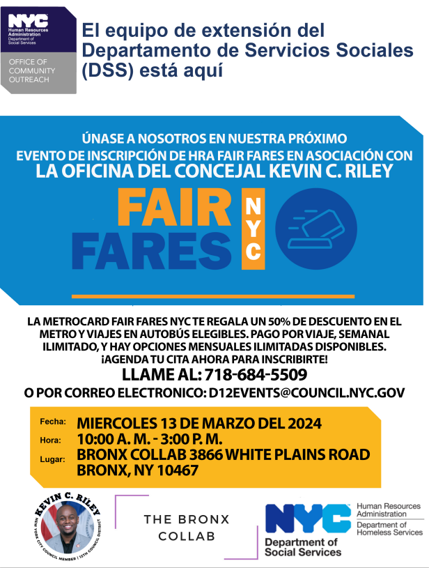 Join #TeamRiley TODAY at the Fair Fares Enrollment Event with @NYCHRA ! We're bringing the Fair Fares NYC program to our community, offering a 50% discount on subway and eligible bus fares for eligible residents. Don't miss out – come enroll and save on your commute!