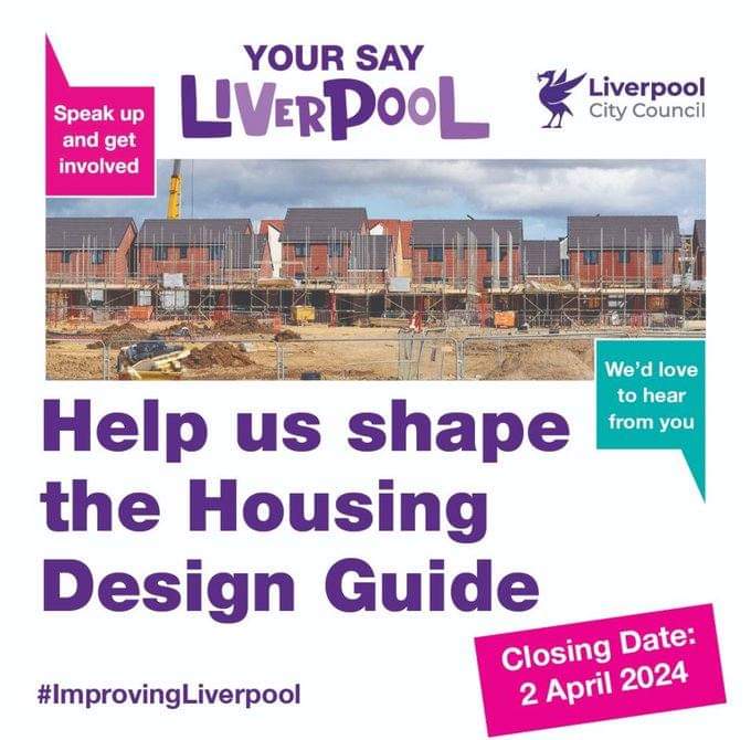 #HaveYourSay: We're producing a #Housing Design Guide to help set a high standard of housing development across #Liverpool.

There's a quick online survey to capture your views at:
 liverpool.gov.uk/council/consul…

Consultation ends Tue, 2 April.

#TheNextChapter #ImprovingLiverpool