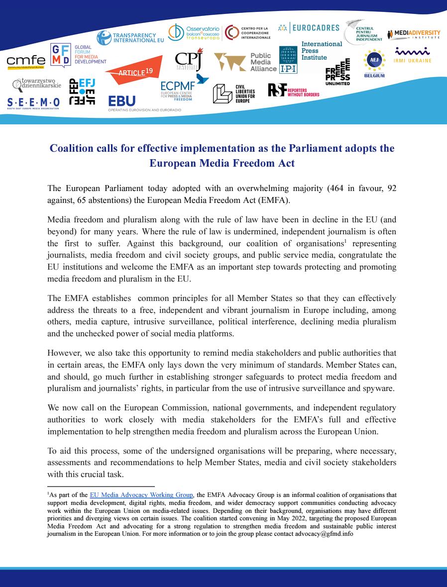 As @Europarl_EN votes to approve the #EMFA we call for effective implementation for #journalistsafety

Read the full statement: social.ebu.ch/EP_EMFA

w/ @EFJEUROPE @article19org @globalfreemedia @MediaGFMD @pressfreedom @ECPMF @TI_EU @RSF_inter & more