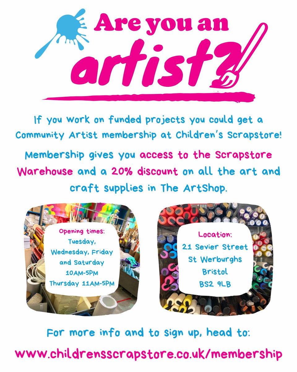 Are you an Artist working on funded projects? If so, you can get a #childrensscrapstore Membership! 🎨

A Membership here means you have annual access to our scrap-filled Warehouse, and 20% off in our Artshop. 

Find more info and sign up today, at childrensscrapstore.co.uk/membership.co.… 🎉