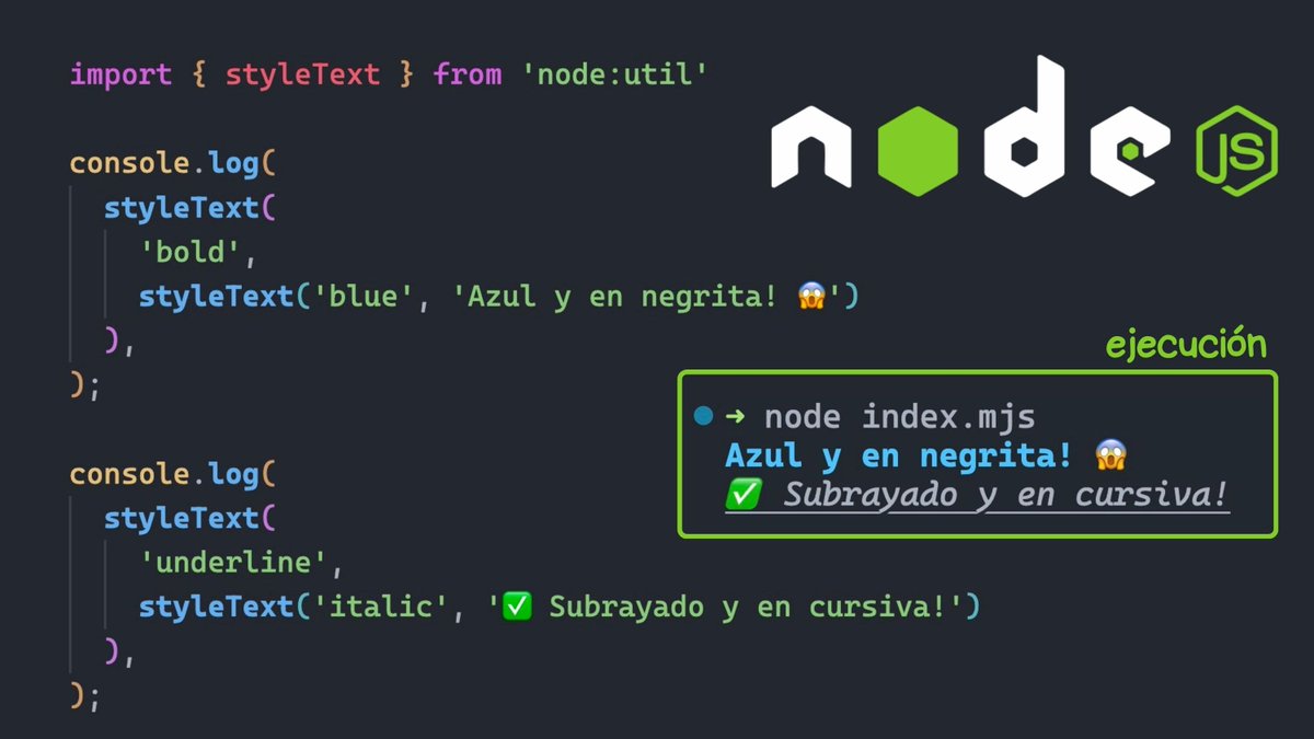 midudev's tweet image. ¡NOVEDAD para NODE.JS 21.7.0!
No más dependencias para colorear tu consola.
Usa la nueva utilidad styleText para conseguirlo.
Colores, subrayados, cursivas y mucho más. ↓