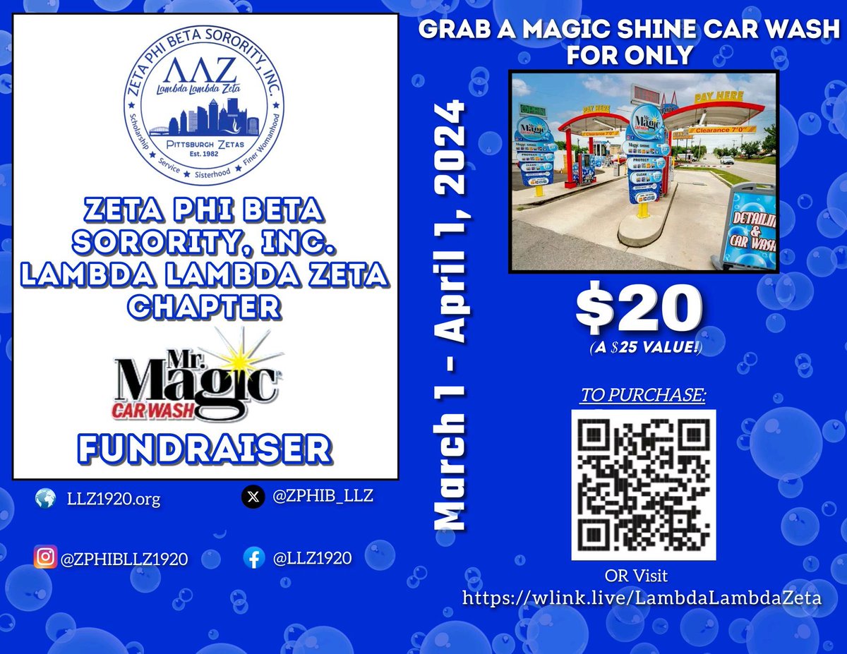ZPHIB_LLZ's tweet photo. Lambda Lambda Zeta Car Wash Fundraiser! 

Get your Magic Shine Wash for $20
($25 Value) Scan the QR Code to Purchase!

💥Use Your Car Wash Voucher At Any Of The 16 Locations In The Areas Of (Banksville, Bridgeville, East Liberty, Pleasant Hills)
💥Buy Unlimited Vouchers https://t.co/dlDHO2K9EF