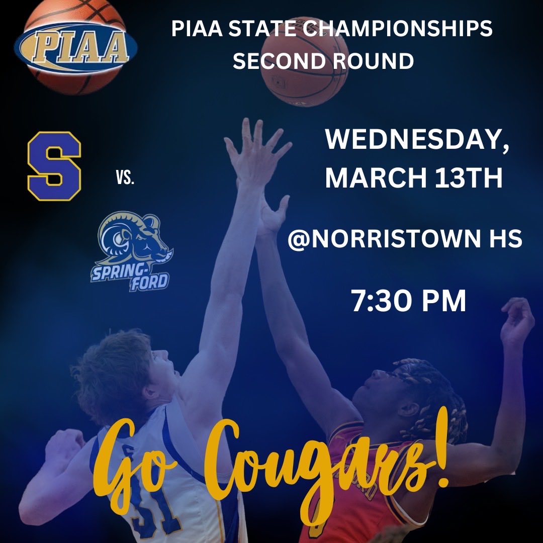 SHoops19064's tweet photo. Cougars travel to Norristown High School for Round 2 of the PIAA 6A tournament to play the Rams of Spring-Ford. 

Tip-off scheduled for 7:30

LET’S GO COUGARS!

⁦@SSDAthletics⁩ https://t.co/fF3KZFDs4M
