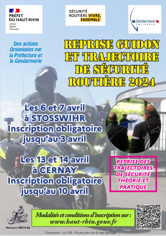 Prefet68's tweet image. [ Sécurité routière ]
Retrouvez les prochaines actions "Reprise de guidon" dans le #HautRhin en partenariat avec la @gendarmerie ,  les 6-7/04 à #Stosswihr et les 13-14/04 à #Cernay.

 🔗 Inscriptions : ddt-moto68@haut-rhin.gouv.fr
  👉Plus d'infos : urlz.fr/pQZb