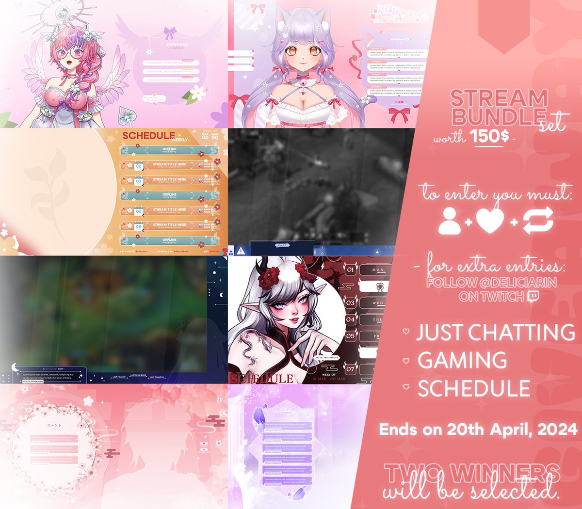 ⋅˚₊‧ ❱❱  ‧₊˚ — STREAM BUNDLE SET GIVEAWAY ‼️

「 » Follow
「 » Like
「 » Retweet
「 » Follow my Twitch ( bonus entry )
「 » Comment your PNG ( optional )

2⃣ winners will be selected to get a
・ Just Chatting ・ Gaming ・ Schedule

↳ worth it 150$ ⊹˚˖ 

Ends in 20th