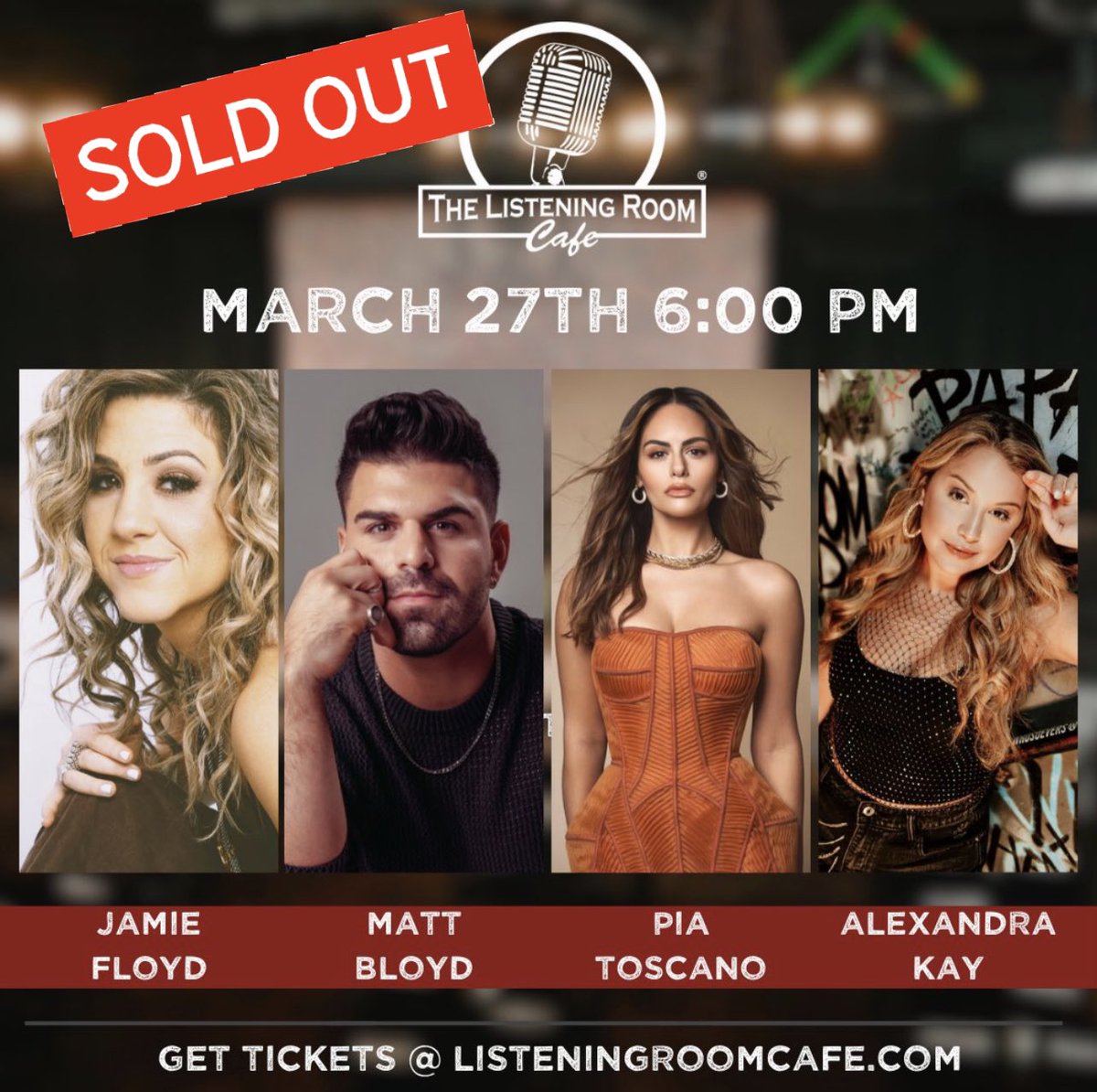Sold out round at the <a href="/listeningroom/">Listening Room Cafe</a> in Nashville with <a href="/jamiefloydmusic/">Jamie Floyd</a>, <a href="/MattBloyd/">Matt Bloyd</a>, <a href="/PiaToscano/">Pia Toscano</a>! 3/27 😍