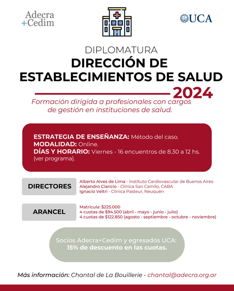 adecracedim's tweet photo. ¡Estamos felices de anunciar que abrimos la inscripción para la DIPLOMATURA DIRECCIÓN DE ESTABLECIMIENTOS DE SALUD, edición 2024!
¿Para quién?➡ Profesionales con cargos de gestión en instituciones de salud.
Programa➡ https://t.co/5f5aR3VkZG
Información➡ chantal@adecra.org.ar https://t.co/ZnvU9tL6sX