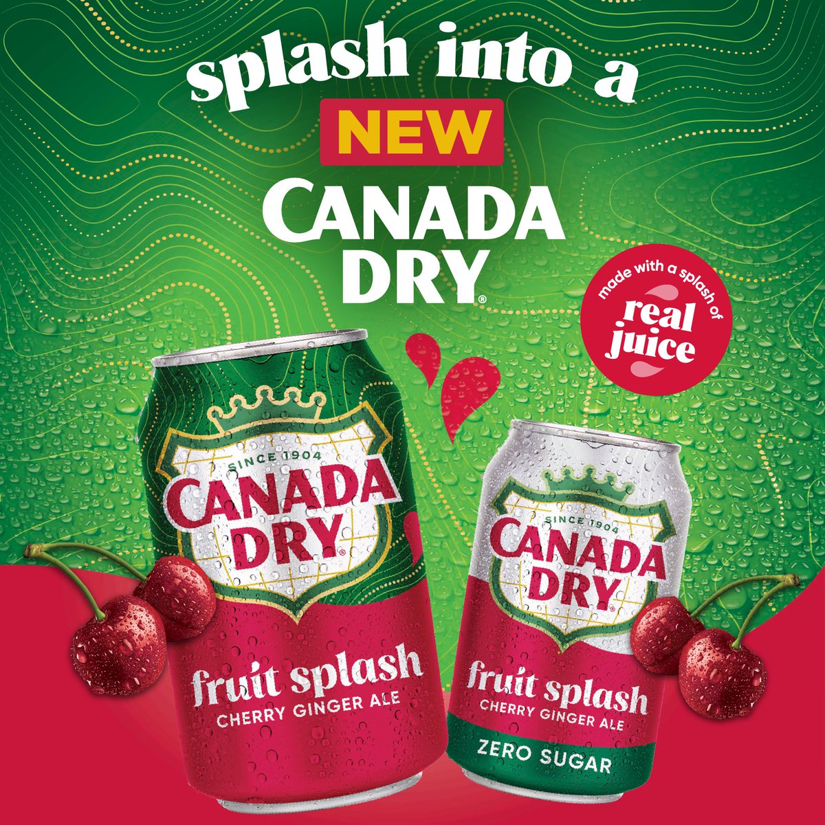 New Canada Dry Fruit Splash Cherry Ginger Ale combines the classic taste of Canada Dry ginger ale with a splash of real juice. This sweet and tangy blend is perfect for enjoying on its own or as a mixer for cocktails. Available in 12oz can 12pks and 20oz bottles.