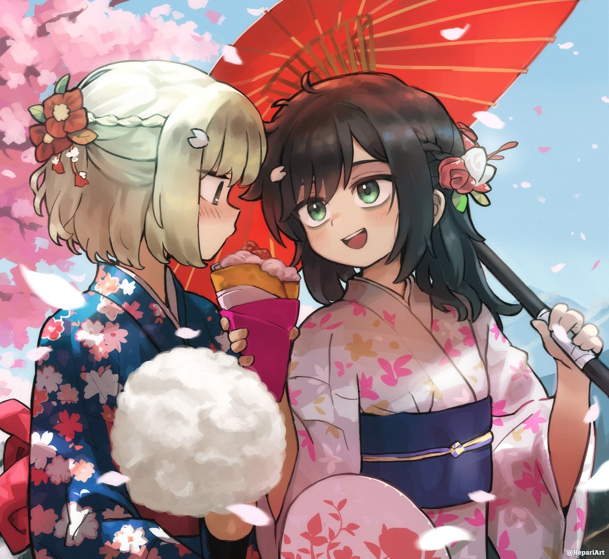 kuroki tomoko multiple girls kimono 2girls japanese clothes umbrella hair flower flower  illustration images