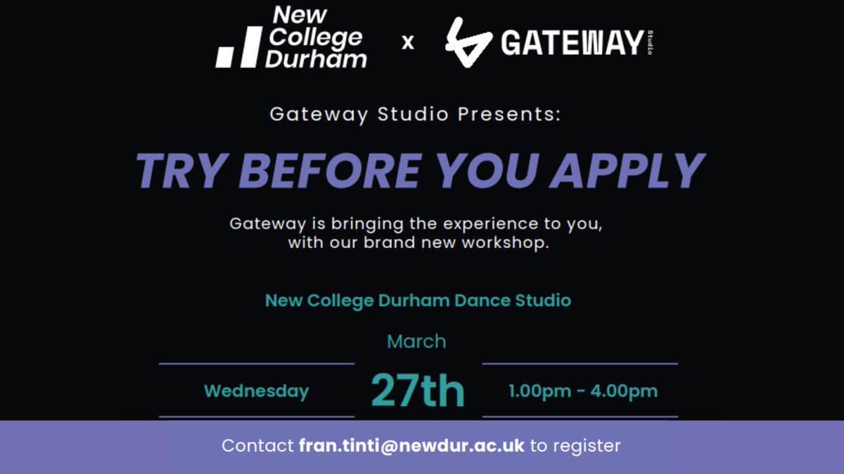 Gateway Studio (@gateway_studio) on Twitter photo Try Before You Apply!
You'll get a taste of our FdA Diploma in Dance Performance where you'll hear about the course, meet our dedicated team of professionals and take part in contemporary, classical and composition sessions.
Contact fran.tinti@newdur.ac.uk to register! Try Before You Apply!
You'll get a taste of our FdA Diploma in Dance Performance where you'll hear about the course, meet our dedicated team of professionals and take part in contemporary, classical and composition sessions.
Contact fran.tinti@newdur.ac.uk to register!