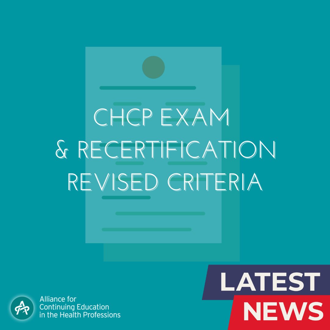 The @alliance4cehp is pleased to share the revised criteria for both the CHCP credential exam & recertification process for CHCP renewal.

Visit the CHCP Exam Information website for more information and to apply/recertify today. acehp.org/Get-Certified