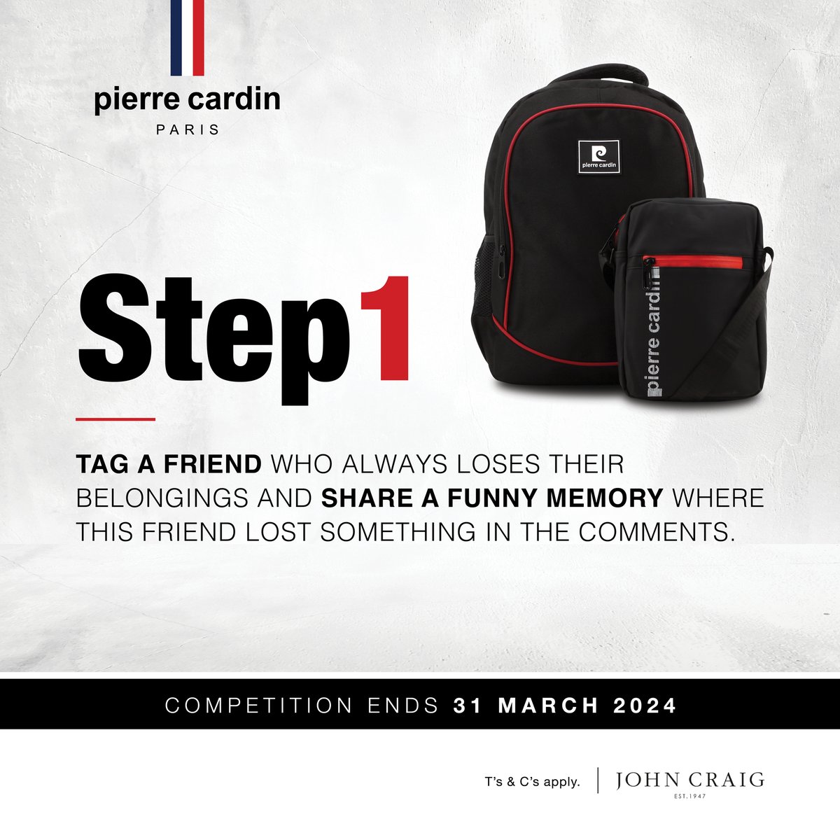 JohnCraigSA's tweet photo. Win 1 of 10 Pierre Cardin bags!

Tag a friend who's always misplacing things &amp; share a funny story about it for a chance to win for both of you.

Don't forget to use the #FindersKeepers

Ends 31 March
T&amp;C apply. https://t.co/jksGGpqLXd