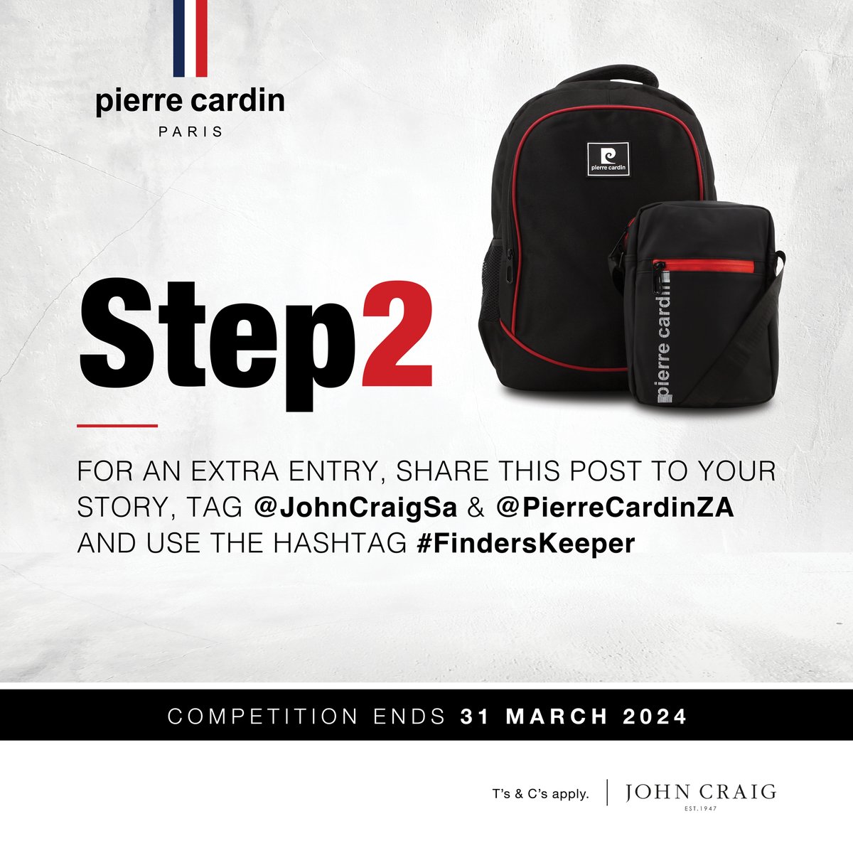 JohnCraigSA's tweet photo. Win 1 of 10 Pierre Cardin bags!

Tag a friend who's always misplacing things &amp; share a funny story about it for a chance to win for both of you.

Don't forget to use the #FindersKeepers

Ends 31 March
T&amp;C apply. https://t.co/jksGGpqLXd