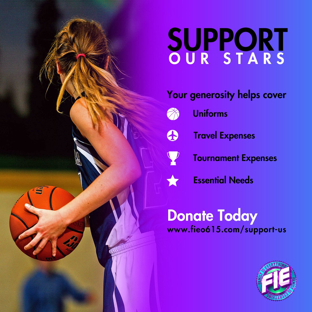 Help our athletes shine on and off the court! Support their journey by covering uniforms, travel, tournaments, and essentials. Every donation makes a difference! Visit fie0615.com/support-us and make a contribution today.