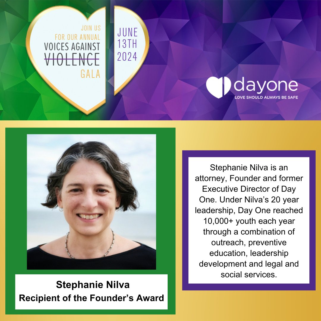 We are thrilled to announce Stephania Nilva as our Recipient of the Founder’s Award. Join us on June 13th for our Voices Against Violence Gala where we will be celebrating Stephanie and her 20 years of leadership. Purchase your tickets at dayonegala2024.com 💚 🎉 #nyc #gala