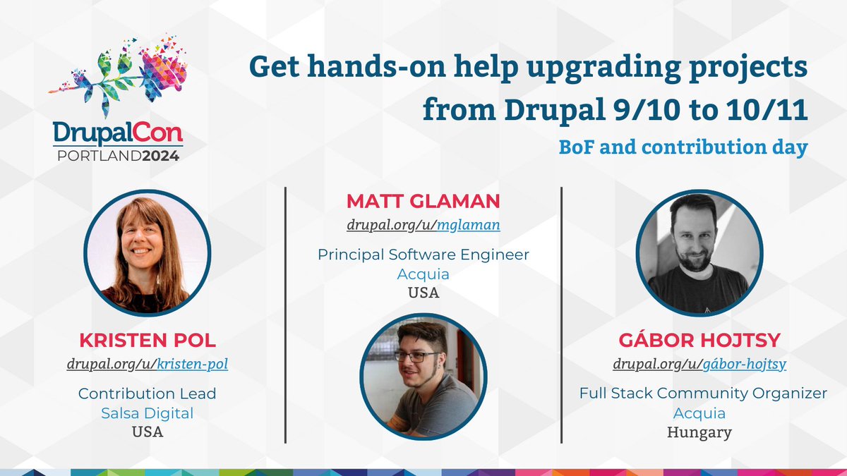 Preparing projects for Drupal 10 or 11? While Drupal 11 is not released by @DrupalConNA, experts in updating projects to new major core releases will help you navigate this transition at a BoF and on contribution day. Get an early bird ticket at events.drupal.org/portland2024 to join!