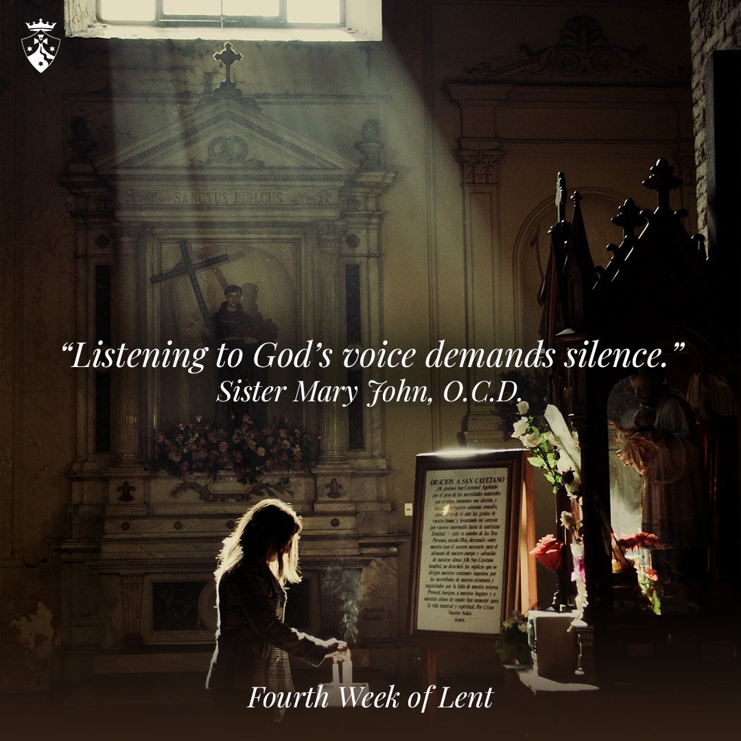 CarmelitesOCD's tweet image. &quot;Listening to God’s voice demands silence.  Noise and distractions, both interior and exterior, often impede our ability to &apos;hear His voice.&apos;”  

- Sister Mary John, O.C.D. 

#LentReflections #Lent #csocd