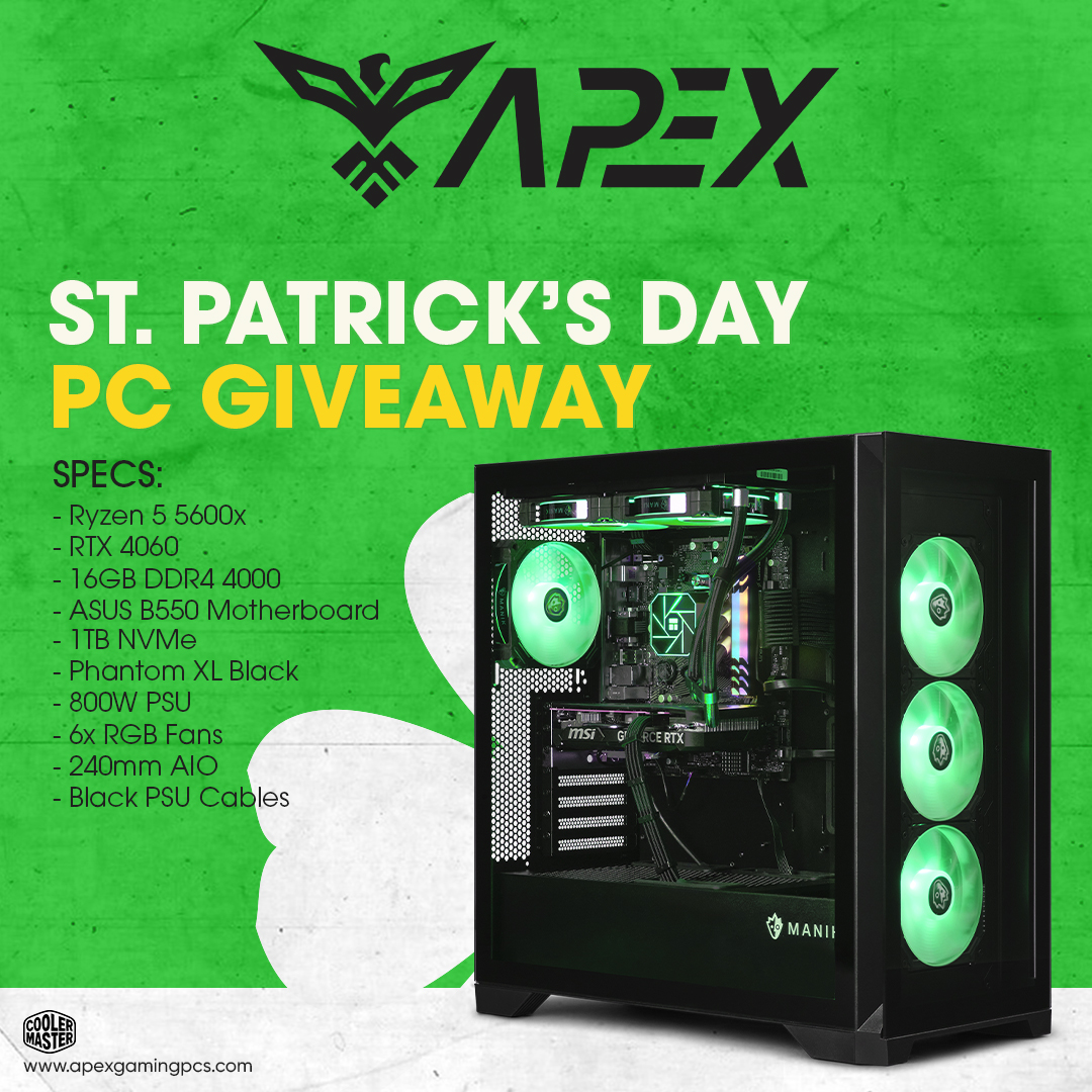 Feeling lucky? @apexgamingpcs has the ultimate St. Patrick's Day giveaway! Enter here through the 18th to win this epic build: gleam.io/92KxO/stpatric… Show us proof of entry in the replies and we'll pick four lucky winners to receive a $250 Apex Gaming PCs gift card!