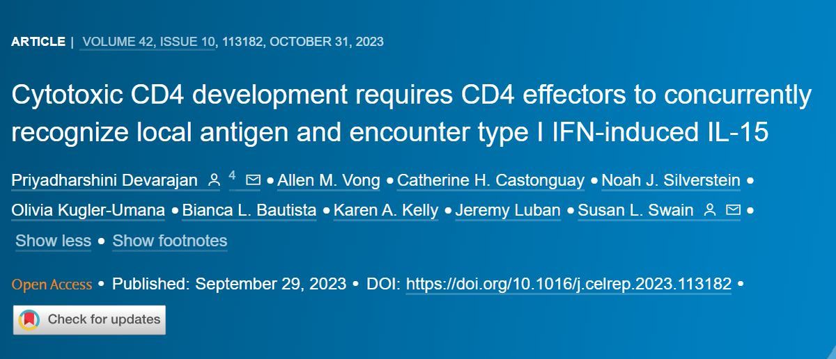 OBS #Immunology 📆 Tu, March 19, 1 pm ET 🎙️ Dr Priyadharshini Devarajan @devarajan_priya Cytotoxic CD4 development requires CD4 effectors to concurrently recognize local antigen and encounter type I IFN-induced IL-15 @CellReports ✍️ buff.ly/4bXxN6l #openscience