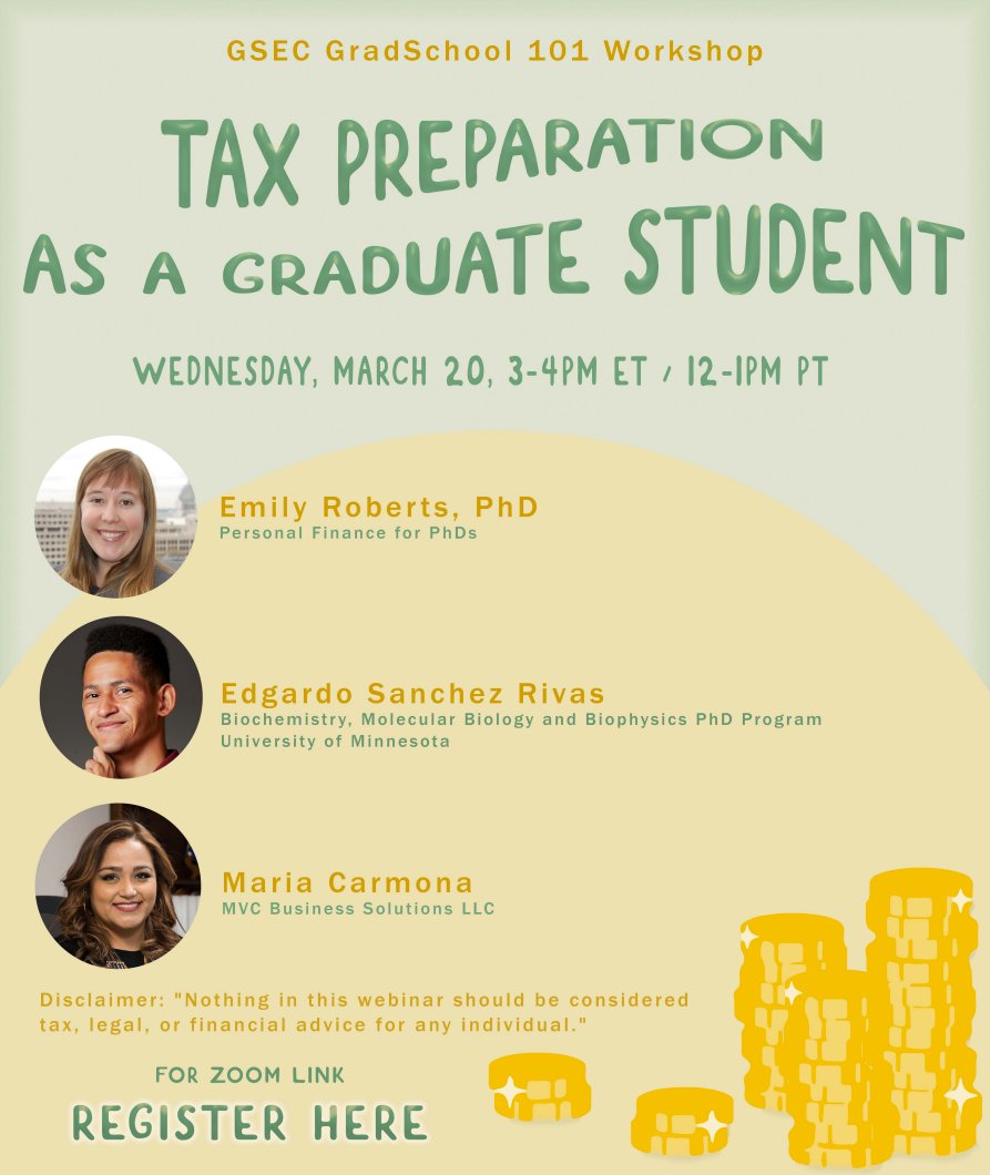 Join us for the next #CLGSEC GradSchool 101 Workshop: Tax Preparation as a Graduate Student 🤓 Next Wednesday, March 20, 3pm ET/12pm PT Register here: tinyurl.com/CLGSECTaxPanel