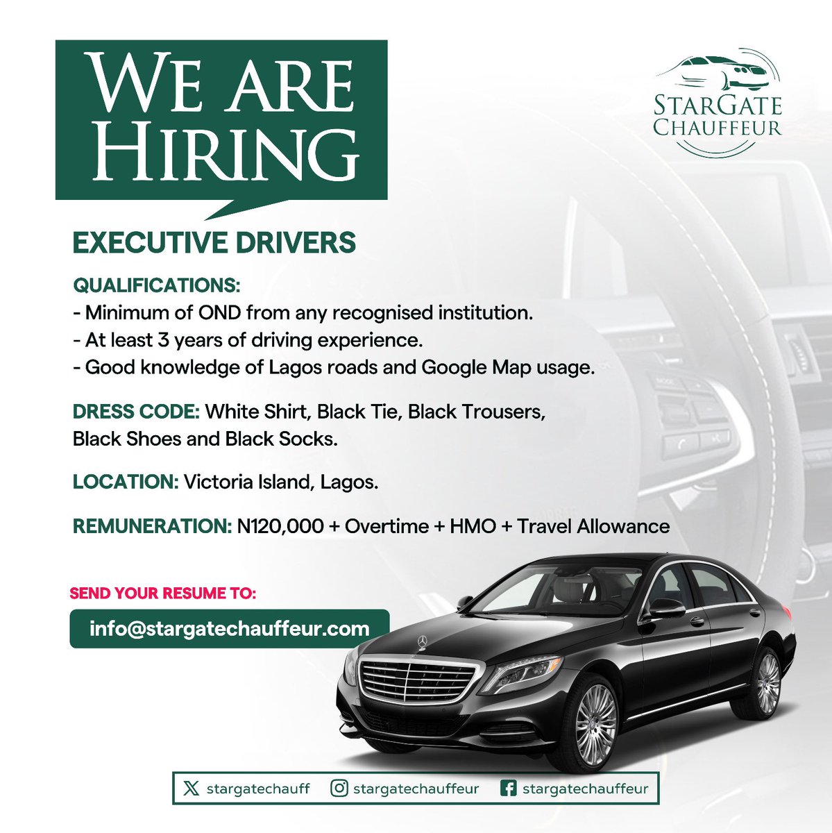 Hiring 📌

We are in need of impeccable chauffeurs to join our reputable company.

Kindly read the information and send a mail if you meet the requirements.

#hiringchauffeurs #hiringdrivers #stargatechauffeur #jobvacancylagos