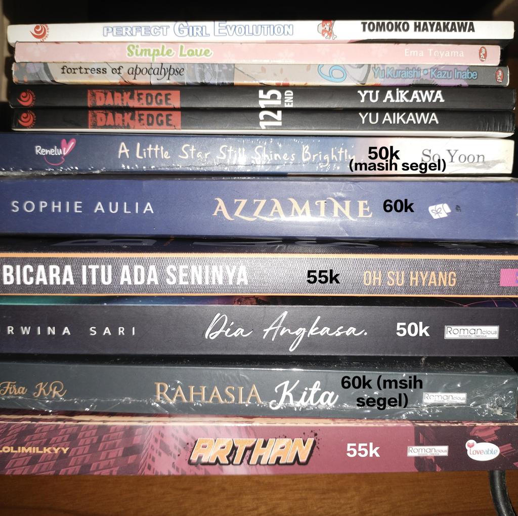 WTS NOVEL
- 100% ori
- baru dibaca 1× habis itu nganggur di rak
- kondisi masih bagus
- nego dikit 🤏🏻🤏🏻
arthan
rahasia kita (masih segel)
dia angkasa
bicara itu ada seninya
azzamine
a little star still shines brightly (masih segel)
komik komik atasnya tawar aja
#zonauang