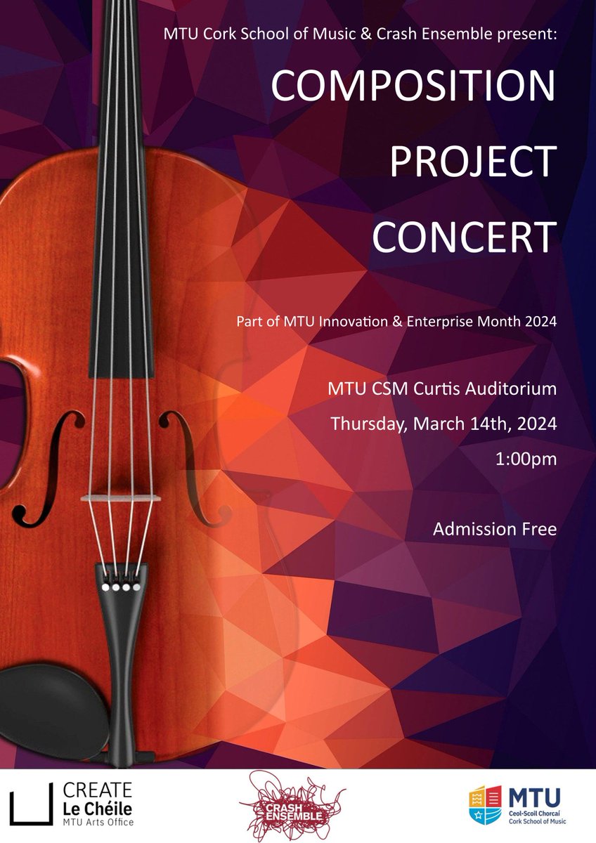 Join us on Thursday, March 14th, 2024 for the concert showcasing our composition project with @crashensemble. All are welcome to attend for what promises to be an exciting concert featuring a variety of styles of music. Admission free. @MTUArtsOffice #CreateLeCheile