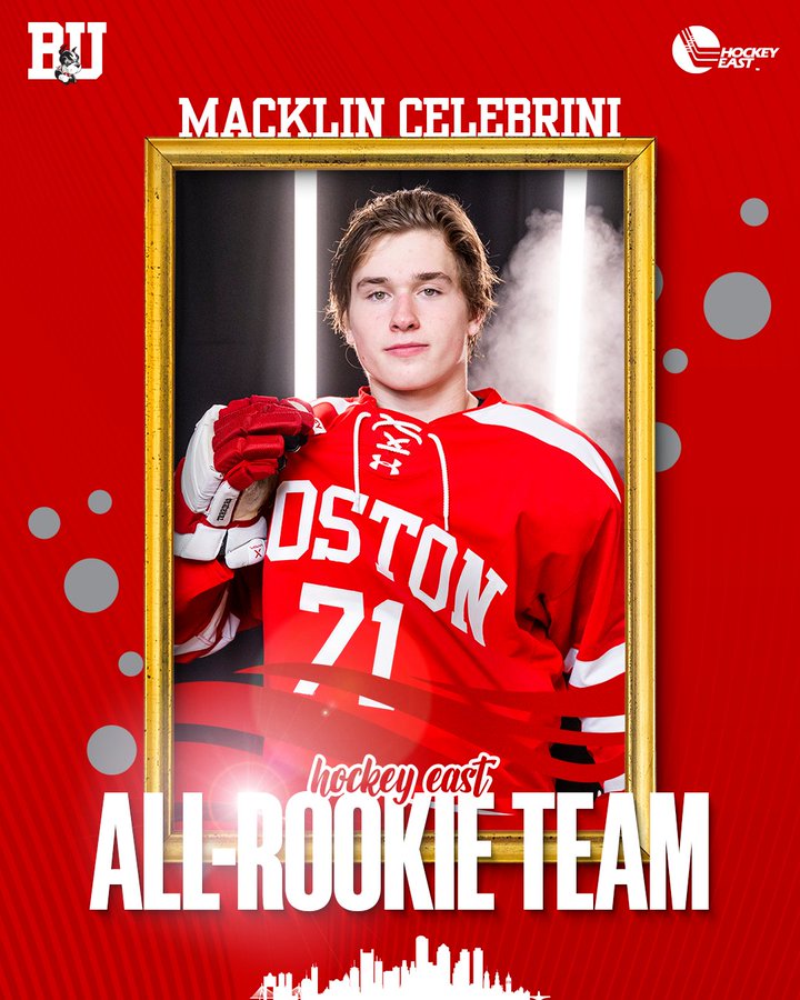 Macklin Celebrini Hockey East All-Rookie Team graphic