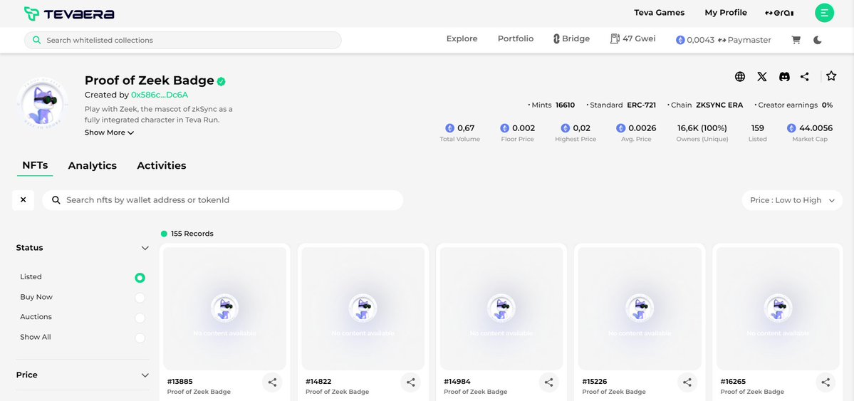SecretoDefi's tweet photo. Si eres holder de alguna colección top en zkSync, esto te interesa 😉
Entonces puedes mintear el Proof of Zeek” badge dentro del marketplace de Tevaera ‼️
¿Que colecciones cuentan para la elegibilidad? 🤔
🔸Hue NFT
🔸 zk Skulls
🔸 Moody Mights
🔸 zk Veggies
🔸 zk Pengz
🔸 Libertas Omnibus
🔸 Robot Farm
🔸 Doodies
🔸 zk Eagles
🔸 Tevaera Guardians
Simplemente debes entrar a la dApp
🔗 https://t.co/ctFvYGBFmF
Reclamar este NFT tiene un coste aproximado de 2$ (recuerda que siempre se hace un refund entre un 50/80% del gas)
De momento ya hay casi 17000 holders y un FP de 0.002 ETH
Ten en cuenta que esta insignia puede salir con 8 rarezas diferentes y puedes jugar con el dentro de Tevaera (podría ser un buen requisito para futuros rewards)
¡Eso es todo! 💪