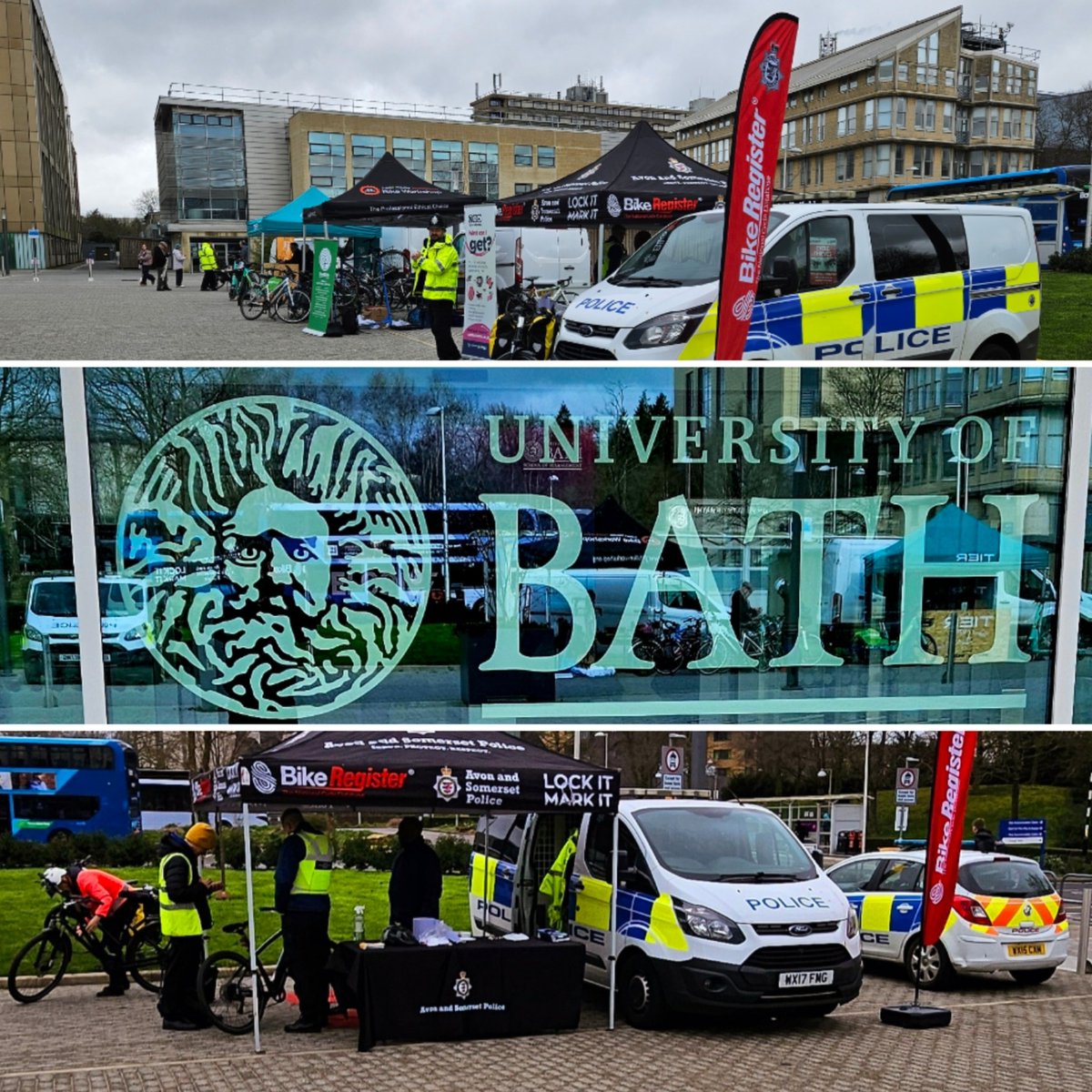 Bath outer Neighbourhood Team have been Bike marking up at #UniversityofBath.
We have been helping with the promotion of active travel and are joined by #juilanhousebikeworkshop #tier #take chargebikes.
#bikeregister. 
👩🏽‍🎓👨🏼‍🎓🚴🏼‍♂️🔐👮🏽👮🏼‍♀️