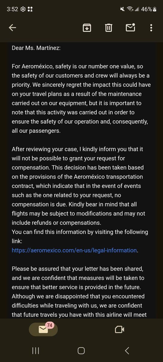 _Ana_Martinez97's tweet photo. @Aeromexico hello I'm very disappointed and confused by your services. My partner and I were in a 9 hour delay that caused us to miss two flights. His complaint was compensated but mine was not, even though we had the same situation. https://t.co/gtp1Cp0Iu9