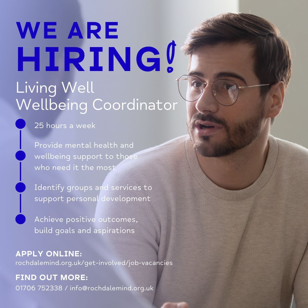 Our Living Well project is expanding and we're looking for 3 Wellbeing Coordinators to join the team to provide ongoing support to individuals’ personal development, building goals and aspirations. For more information and how to apply please visit: rochdalemind.org.uk/get-involved/j…