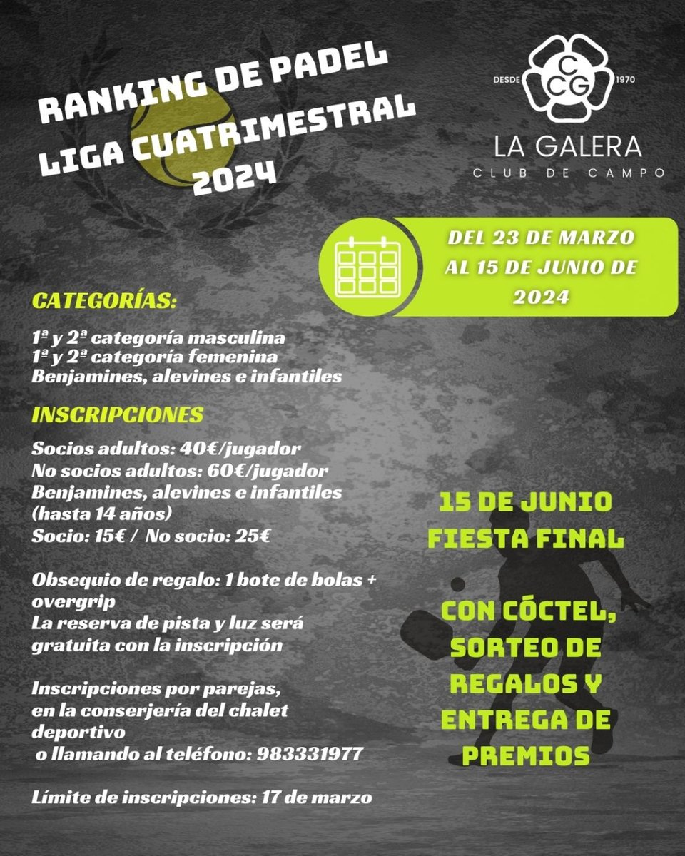 ccLagalera's tweet photo. ¡Vive la emoción de nuestra liga cuatrimestral de pádel! Del 23 de marzo al 15 de junio, te esperamos en la cancha para disfrutar de intensos partidos y competir por la victoria semana tras semana. #padelvalladolid #padelagalera #lagalera https://t.co/UEprpINDg8