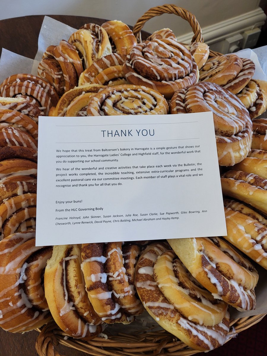 What a wonderful way to start the day – with delicious cinnamon buns from @Balterzens bakery and a message of thanks to all staff from the school Governors. #staffappreciation #bestplacestowork #bestteachers @GSAUK