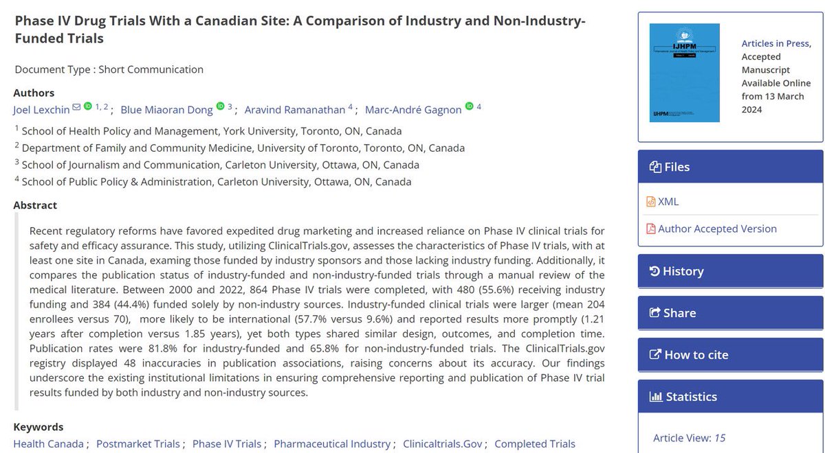 Just dropped our paper like it's hot!💥

Our deep dive into ClinicalTrials.gov spills the tea on these trials, with a Canadian twist, comparing industry-funded vs. non-industry-funded trials. We did some manual scavenger hunt in the medical lit ✨

📄ijhpm.com/article_4576.h…