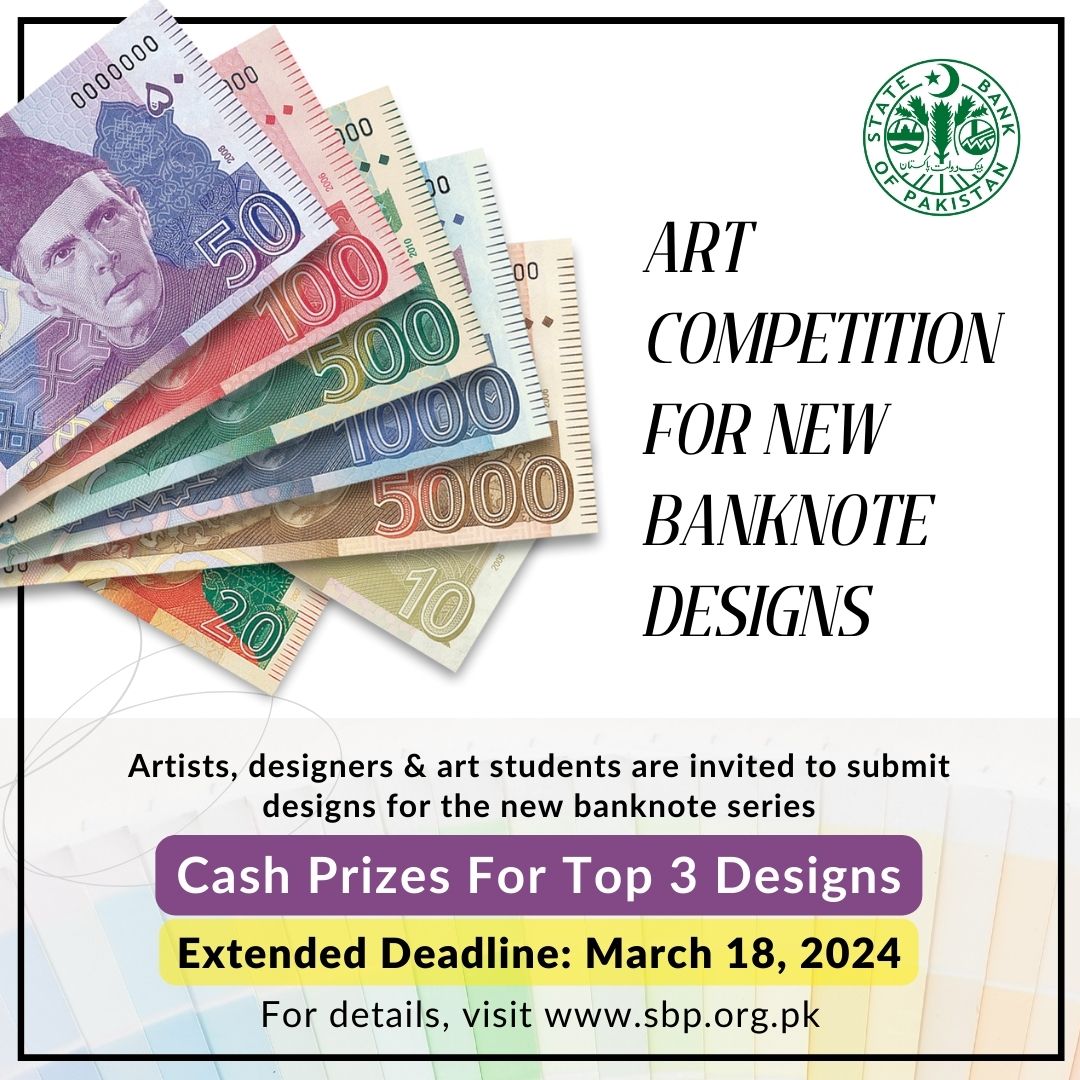 StateBank_Pak's tweet photo. Last date for submission of entries has been extended! Artists, designers and art students who are interested to participate in the Art Competition can now send their designs to SBP by Mar 18, 2024.
For details: https://t.co/OOL5vafjPo
#ArtCompetition #SBPBanknotes https://t.co/DQcQTSgz7C