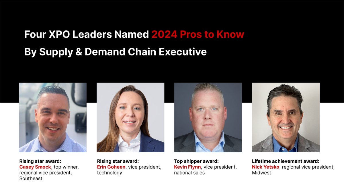 Today we’re celebrating Casey Smock, Erin Goheen, Kevin Flynn and Nick Yetsko for being named 2024 @SDCExec's Pros to Know. This marks the fourth consecutive year SDCE has recognized XPO for having top leaders in the transportation industry. bit.ly/pros-to-know