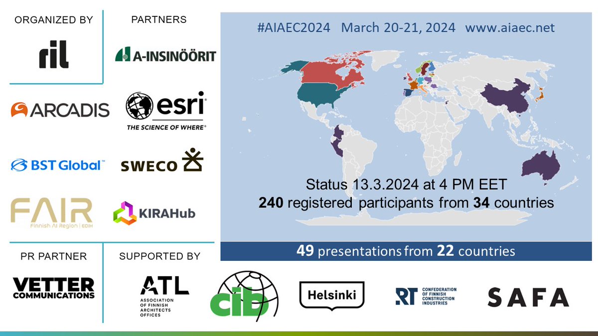 Next week, 20-21.3, people from 34 countries join the annual #AI event aiaec.net. See you at #AIAEC2024! @RILInsinoorit @VetterComms @AInsinoorit @ArcadisGlobal @SwecoFinland @BSTGlobal @Esri @KIRAdigi @fairedih @ATLiitto @SAFA_finland @RTryfi @CIBWorld_NL @helsinki