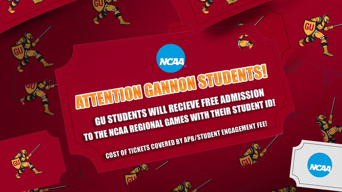 Gannon Athletics (@guknights) on Twitter photo 🚨🚨Calling Gannon students 🚨🚨
(1/2) If you attend the Atlantic Regional basketball tournament this weekend to support your Golden Knights, the tickets will be free with a Gannon ID, as the cost is covered by APB/Student Engagement Fee.
<a href="/GannonU/">Gannon University</a> <a href="/GannonWBB/">Gannon Women's Basketball</a> <a href="/GANNON_MBB/">Gannon Men’s Basketball</a> 🚨🚨Calling Gannon students 🚨🚨
(1/2) If you attend the Atlantic Regional basketball tournament this weekend to support your Golden Knights, the tickets will be free with a Gannon ID, as the cost is covered by APB/Student Engagement Fee.
<a href="/GannonU/">Gannon University</a> <a href="/GannonWBB/">Gannon Women's Basketball</a> <a href="/GANNON_MBB/">Gannon Men’s Basketball</a>