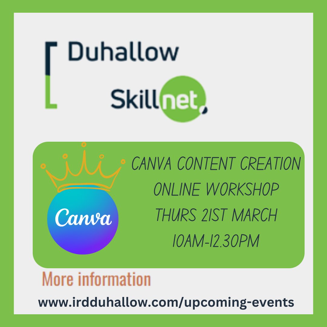 Unleash your creative potential and join us for our online #Canva Content Creation workshop and transform your marketing designs from good to great!🚀  
Sign up here ⬇

irdduhallow.com/events/canva-d…

#DuhallowSkillnet
