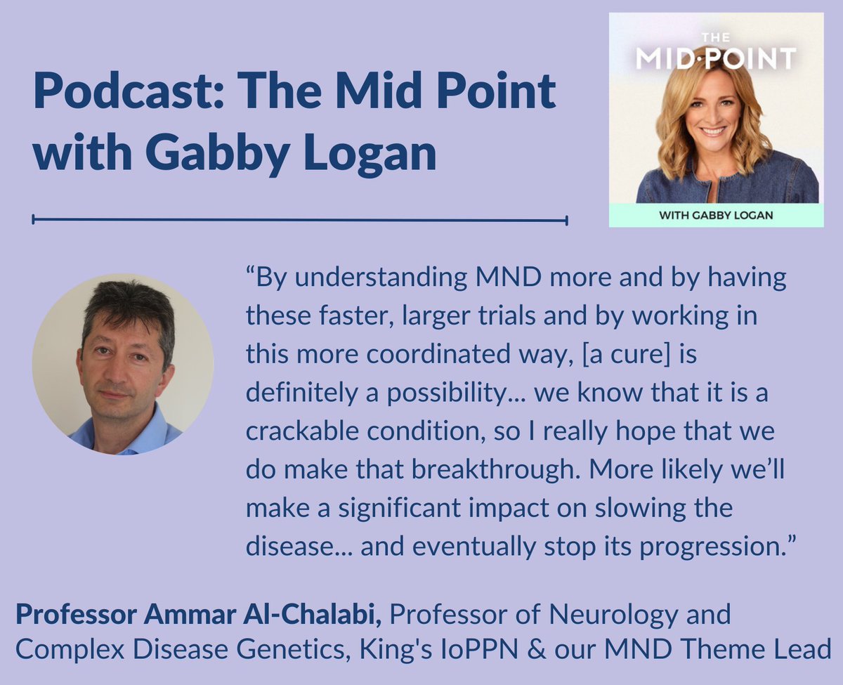 Professor @AmmarAlChalabi discusses the latest progress in Motor Neurone Disease (#MND) research, the roles of genetics and sports, and hopes for a cure, on The Mid Point podcast with @GabbyLogan. 🎧Listen: open.spotify.com/episode/4723l3… Read more 👉maudsleybrc.nihr.ac.uk/research/motor…