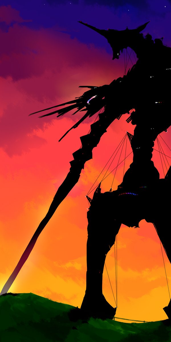 no humans sky weapon robot sword sunset mecha  illustration images