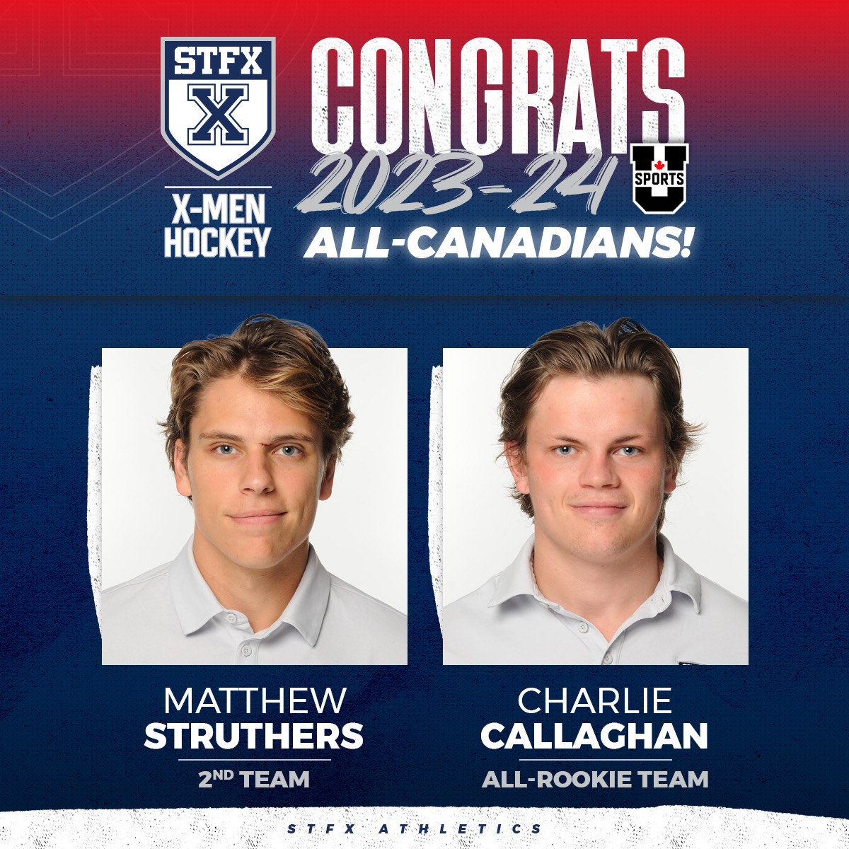 Congratulations to X-Men Hockey’s Matthew Struthers &amp; Charlie Callaghan on earning <a href="/USPORTSca/">U SPORTS</a>
All-Canadian honours!  

Matthew Struthers — 2nd Team All-Canadian 
Charlie Callaghan  — All-Rookie Team  

Full release: goxgo.ca/sports/mice/20… #goxgo <a href="/XMenhockey/">X-Men Hockey</a>