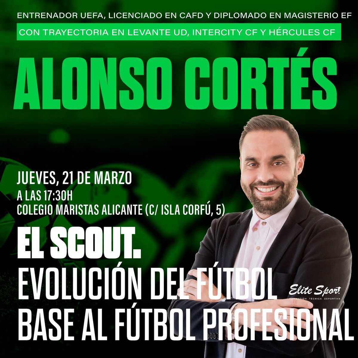 EliteSport_INFO's tweet photo. ⚽ “El Scout. Evolución del Fútbol Base al Fútbol Profesional” por el entrenador UEFA, licenciado en CAFD y diplomado en Magisterio EF, @alonsocortes23.

📝 Para asistir a la ponencia: https://t.co/C11tOyplFe
 
📅 Jueves, 21 de marzo
🕙 17:30 h
📍 @MaristasALC https://t.co/ZwbCFKiJFT